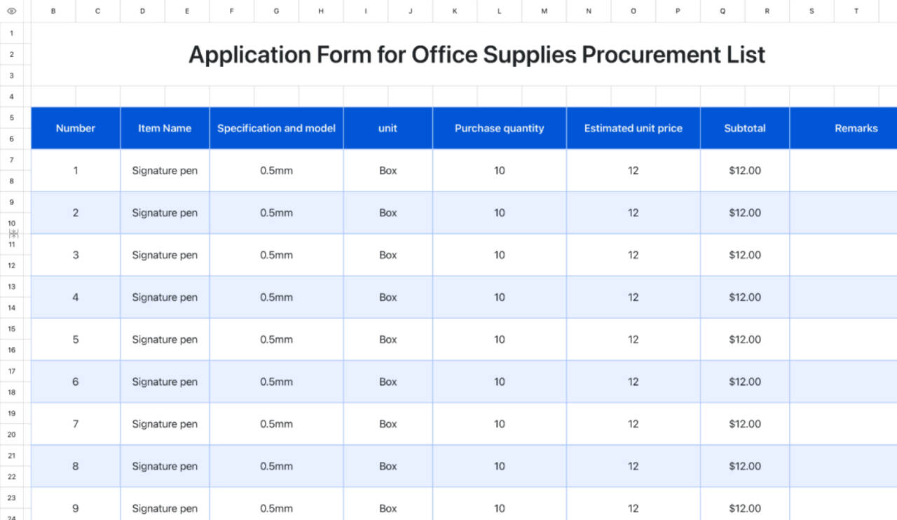 Application Form for Office Supplies Procurement List